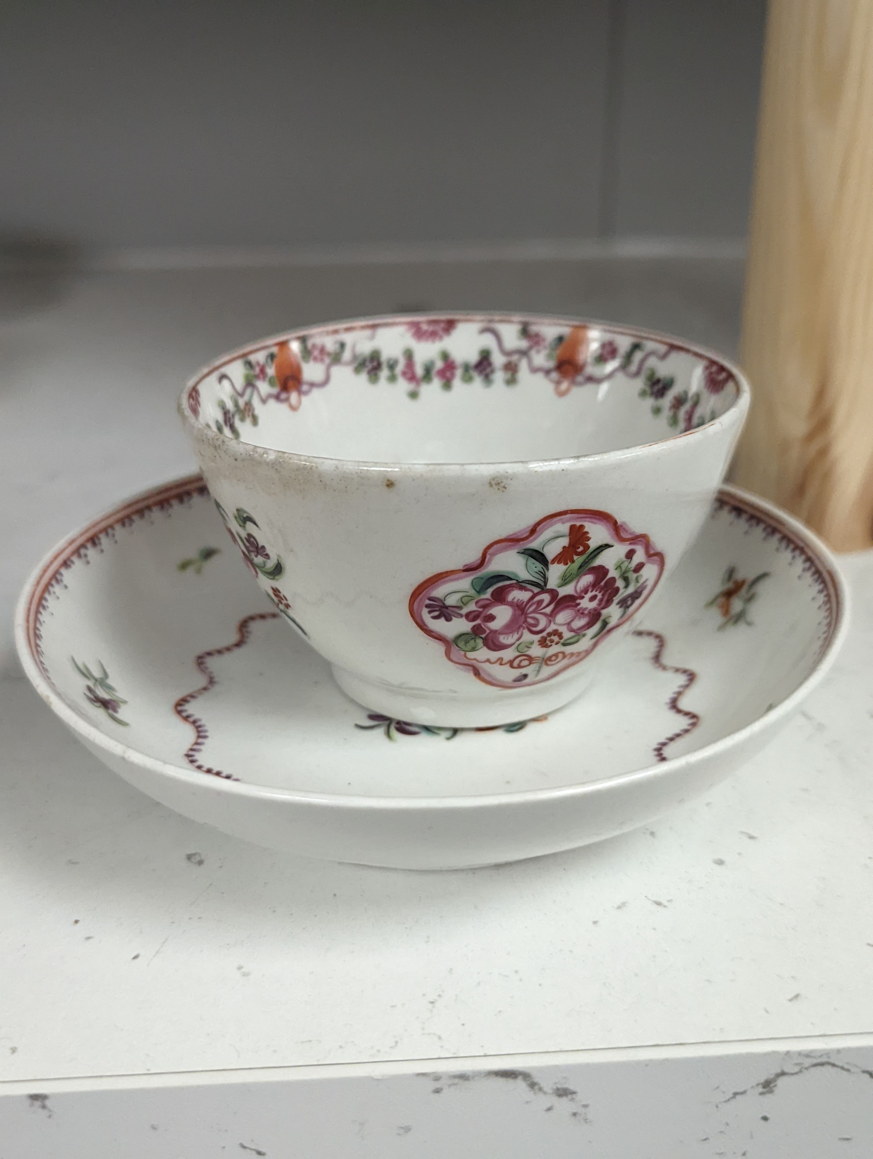 New Hall style study collection: a cream jug pattern 524, a teabowl and saucer with oriental figures, and another teabowl and saucer, a shankered teacup and saucer, two coffee cups, three teabowls, four saucers and a slo